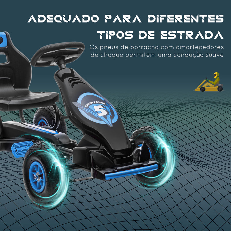 Kart a Pedais para Crianças 5-12 Anos Kart a Pedais Infantil com Assento Ajustável Pneus Insufláveis Amortecimento e Travão de Mão Carga Máx. 50kg 121x58x61cm Azul