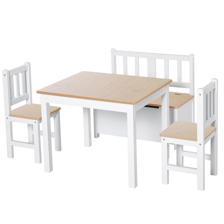 Conjunto Infantil de Mesa 2 Cadeiras e Banco com Armazenamento Móveis Infantil para Sala de Jogos Dormitório Branco e Natural