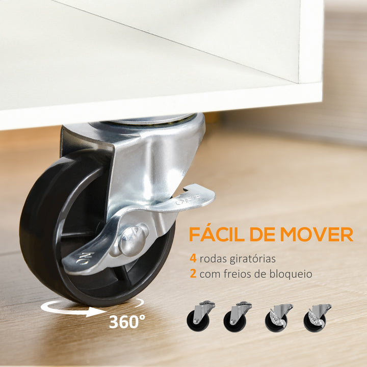 Carrinho de Cozinha com 1 Gaveta Porta de Vidro e Prateleiras Abertas Carrinho de Cozinha Auxiliar com Rodas para Sala de Estar Casa de Banho 65x39x80cm Madeira e Branco