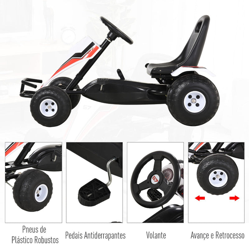 Go Kart a Pedais para Crianças acima de 3 Anos Carro de Pedais Infantil com Assento Ajustável e Freio de Mão 104x66x57cm Branco e Preto