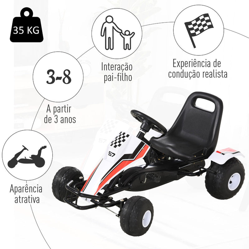 Go Kart a Pedais para Crianças acima de 3 Anos Carro de Pedais Infantil com Assento Ajustável e Freio de Mão 104x66x57cm Branco e Preto