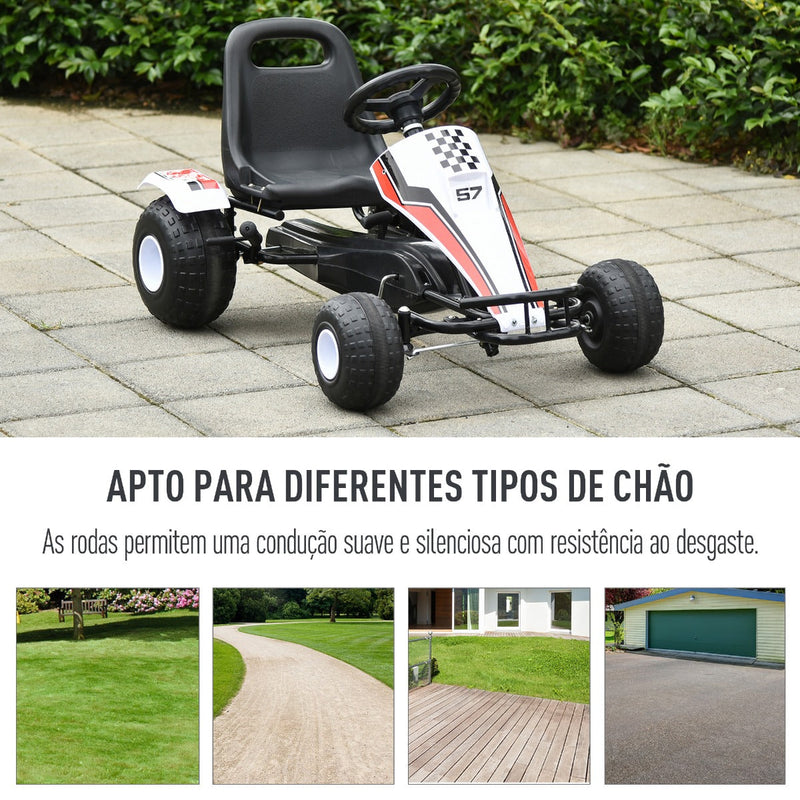 Go Kart a Pedais para Crianças acima de 3 Anos Carro de Pedais Infantil com Assento Ajustável e Freio de Mão 104x66x57cm Branco e Preto