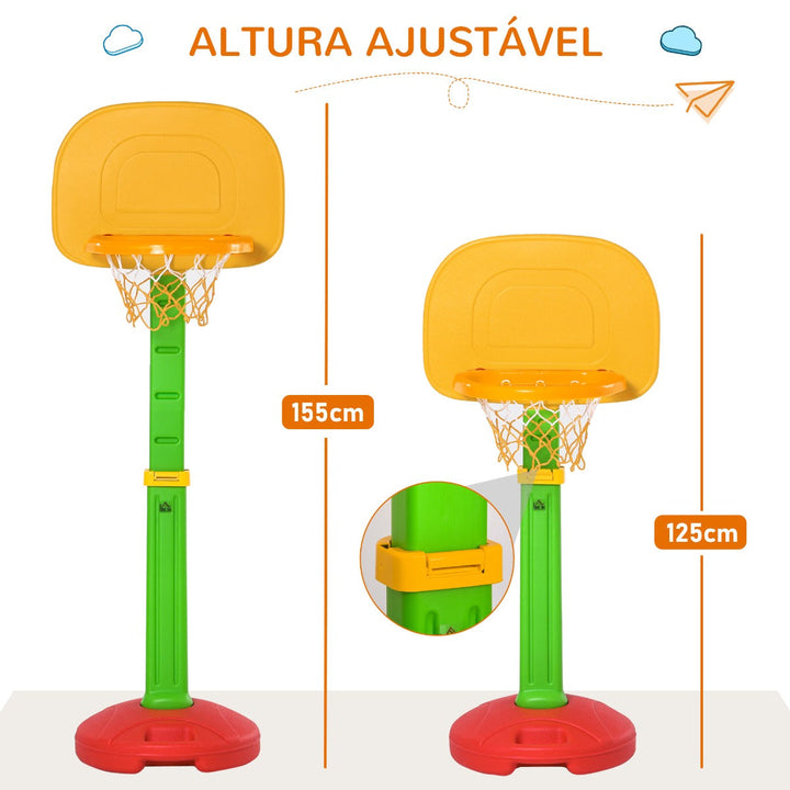 Cesta de Basquetebol Infantil para Crianças acima de 3 anos Altura Ajustável 2 Bolas e Inflador 52,5x44x120-160cm Amarelo Verde Vermelho