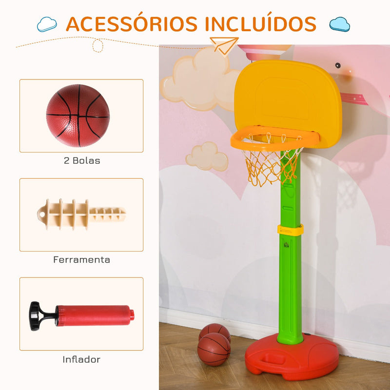 Cesta de Basquetebol Infantil para Crianças acima de 3 anos Altura Ajustável 2 Bolas e Inflador 52,5x44x120-160cm Amarelo Verde Vermelho