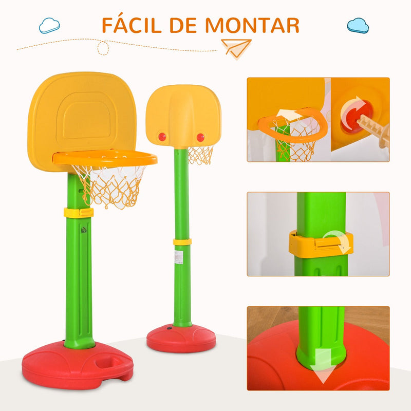 Cesta de Basquetebol Infantil para Crianças acima de 3 anos Altura Ajustável 2 Bolas e Inflador 52,5x44x120-160cm Amarelo Verde Vermelho