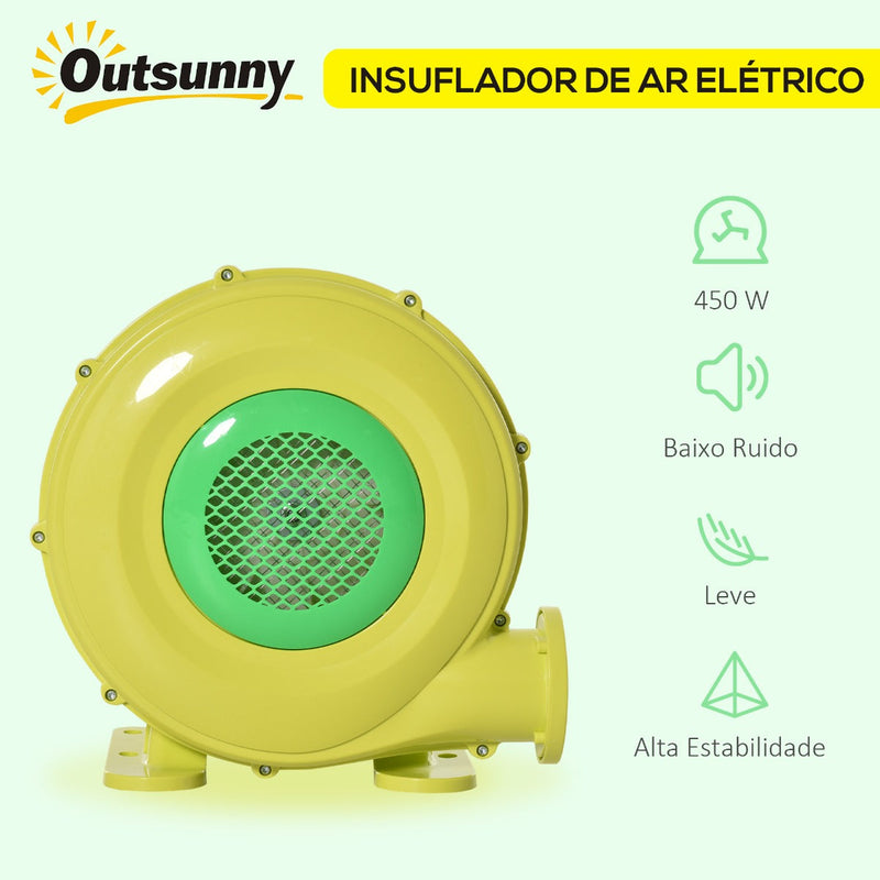 Insuflador Elétrico de 450W para Castelo Inflável Ventilador de Ar Industrial para Brinquedos Infláveis 35x26x33,5cm Amarelo e Verde