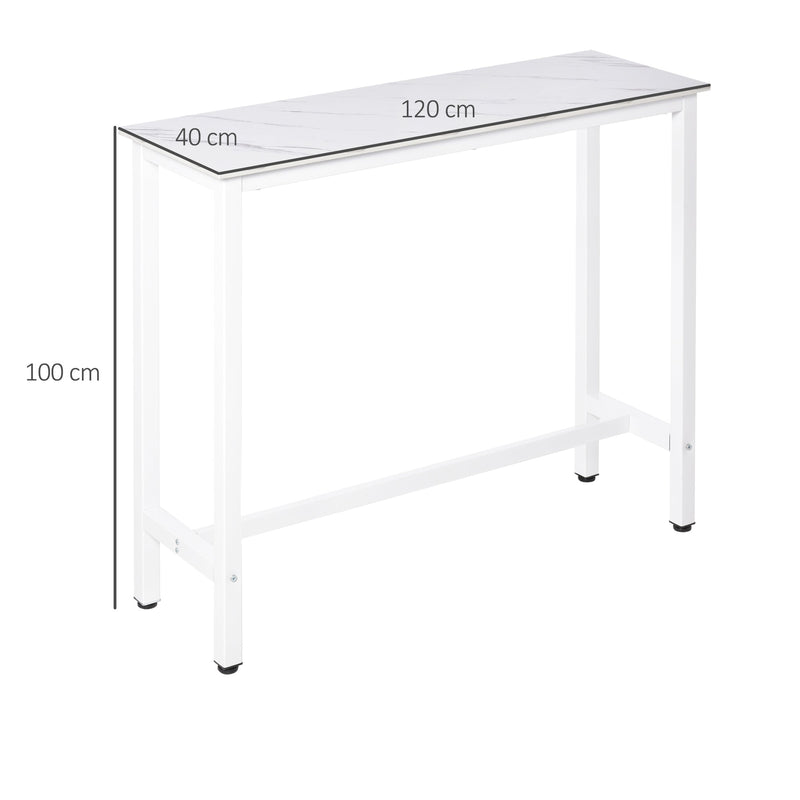 Mesa de Bar Mesa Alta com Bancada de Efeito Marmorizado e Pés de Metal Estilo Moderna para Cozinha Bistro Cafeteria 120x40x100cm Branco