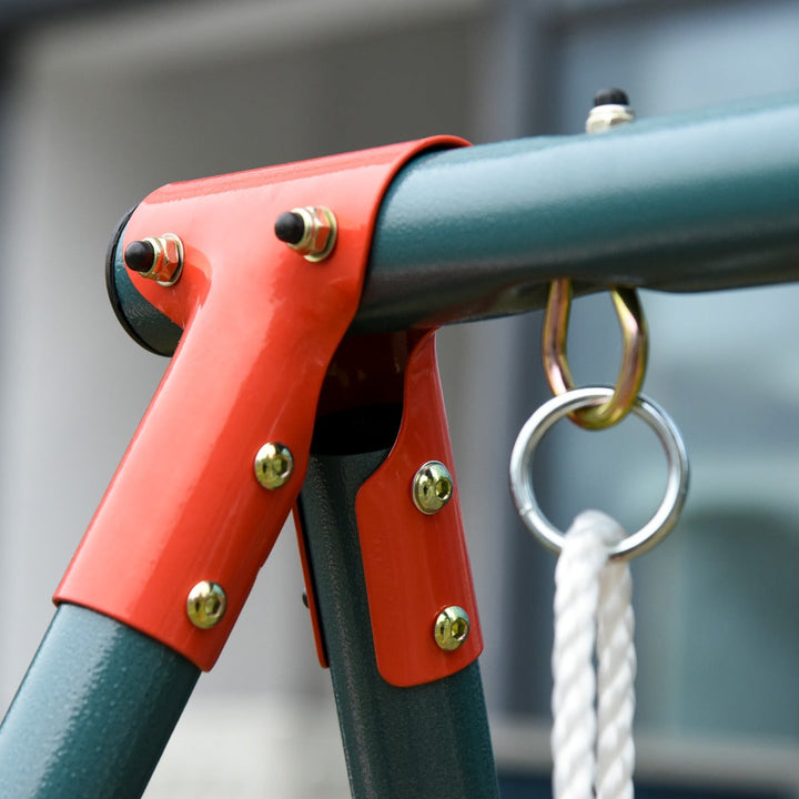 Baloiço duplo para crianças acima de 3 anos com suporte de metal coml Corda ajustável Máx. 40kg 220x160x180cm Verde Vermelho