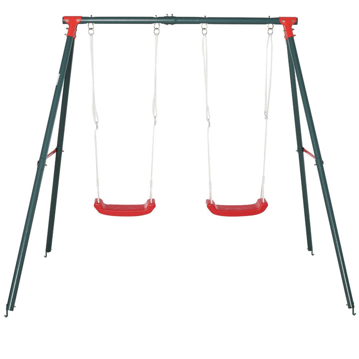 Baloiço duplo para crianças acima de 3 anos com suporte de metal coml Corda ajustável Máx. 40kg 220x160x180cm Verde Vermelho