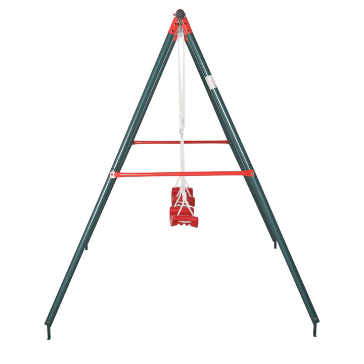Baloiço duplo para crianças acima de 3 anos com suporte de metal coml Corda ajustável Máx. 40kg 220x160x180cm Verde Vermelho