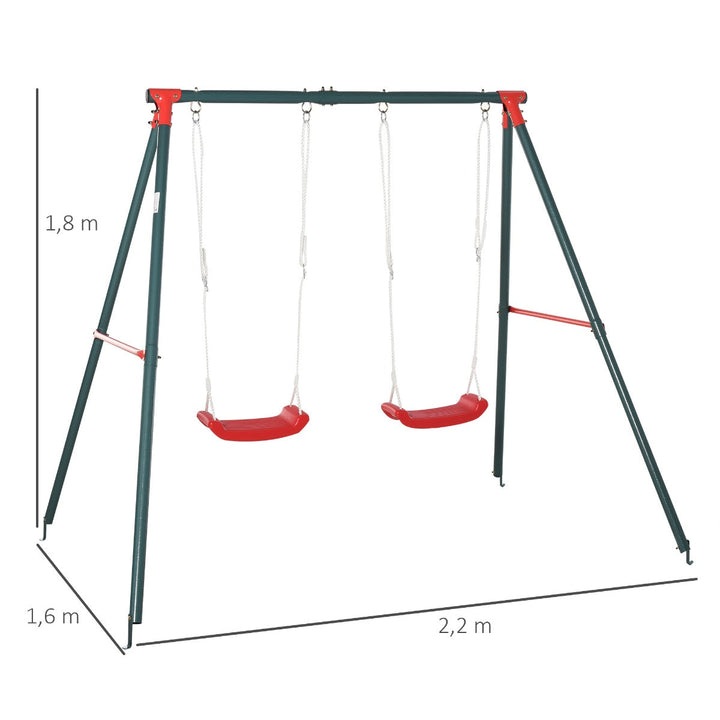 Baloiço duplo para crianças acima de 3 anos com suporte de metal coml Corda ajustável Máx. 40kg 220x160x180cm Verde Vermelho