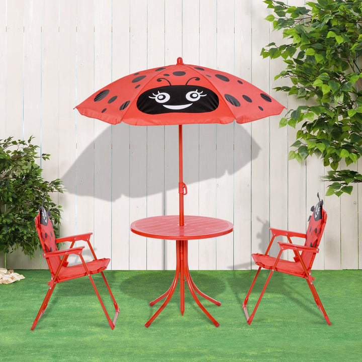 Conjunto de Mesa e Cadeira de Jardim Conjunto de Picnic Dobrável para Crianças Conjunto de Mesa com Chapéu de Sol com Altura Ajustável 100-125cm Desenho de Joaninha Vermelho