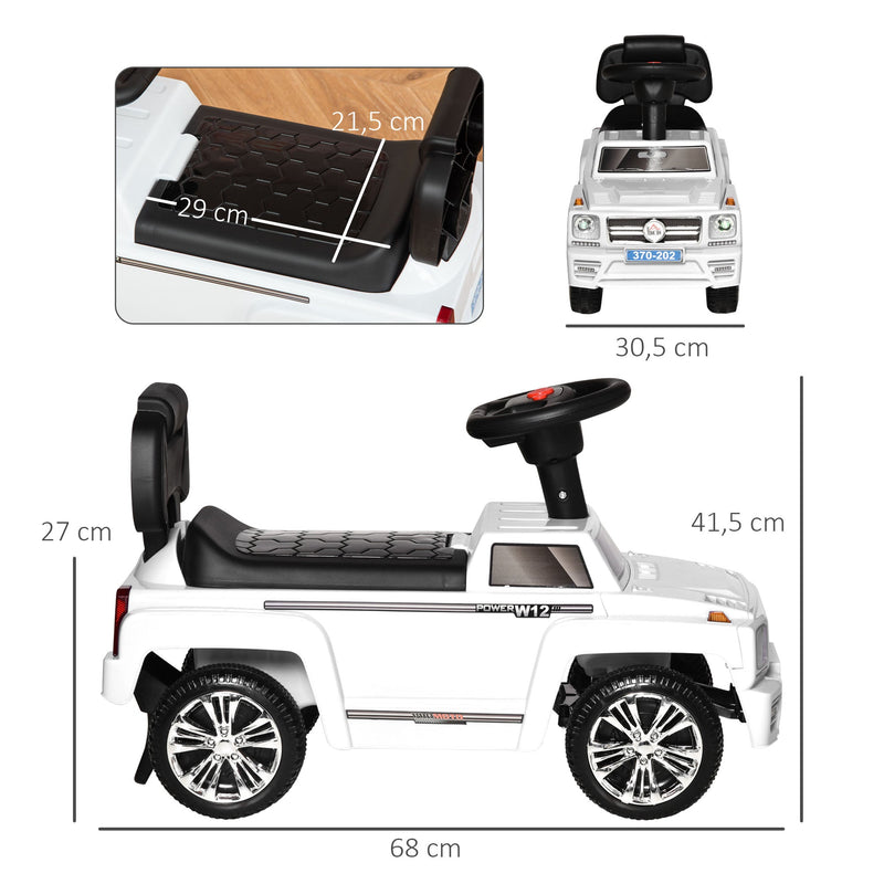 Carro Andador para Bebé de 18-36 Meses Carro sem Pedais com Faróis Música Buzina Compartimento de Armazenamento e Encosto Alto 68x30,5x41,5cm Branco