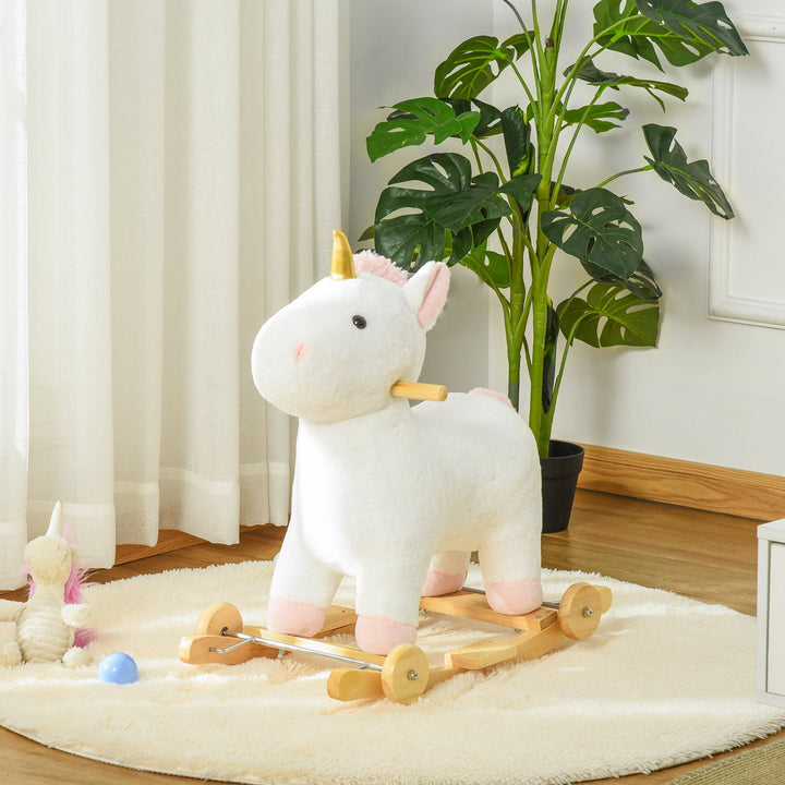 Baloiço Infantil em Forma de Unicornio para Crianças acima de 3 Anos Baloiço 2 em 1 com Rodas e Sons 45kg 63x38x63cm Branco