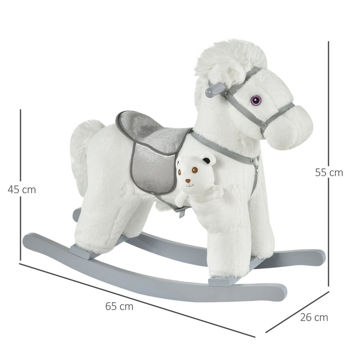 Cavalo Baloiço para Crianças de 18-36 Meses Cavalo de Balançar com Ursinho de Pelúcia Sons de Relinchos e Galopes base de Madeira 65x26x55cm Branco