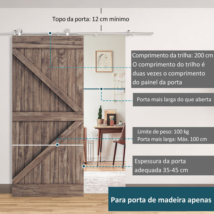 Kit para porta deslizante de madeira em trilho de aço inoxidável - 2,5x200cm