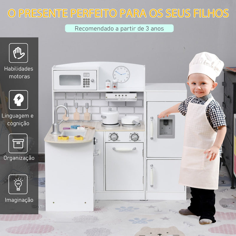 Cozinha de Brinquedo de Madeira para Crianças acima de 3 Anos Cozinha Infantil com Frigorífico Microondas Lavatório e 14 Acessórios 86x64x84,5cm Branco