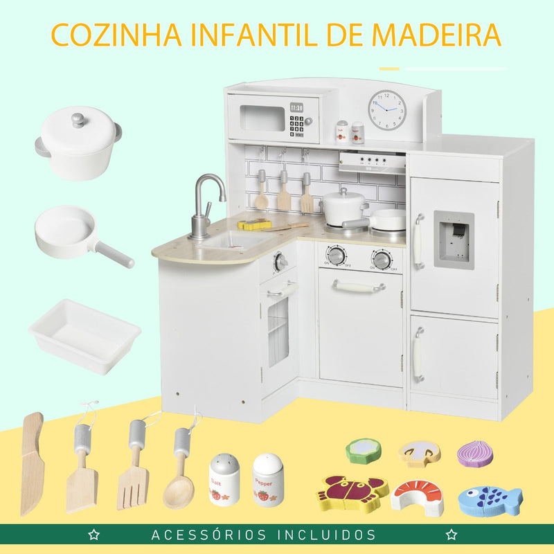 Cozinha de Brinquedo de Madeira para Crianças acima de 3 Anos Cozinha Infantil com Frigorífico Microondas Lavatório e 14 Acessórios 86x64x84,5cm Branco