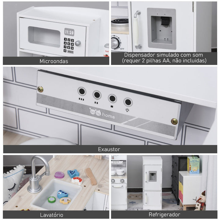 Cozinha de Brinquedo de Madeira para Crianças acima de 3 Anos Cozinha Infantil com Frigorífico Microondas Lavatório e 14 Acessórios 86x64x84,5cm Branco