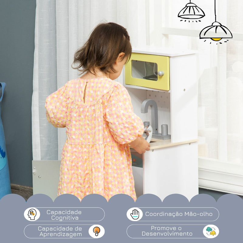 Cozinha Infantil de Madeira para Crianças acima de 3 Anos Cozinha Infantil com Acessórios Telefone Lavatório e Armários 32x30x79cm Branco