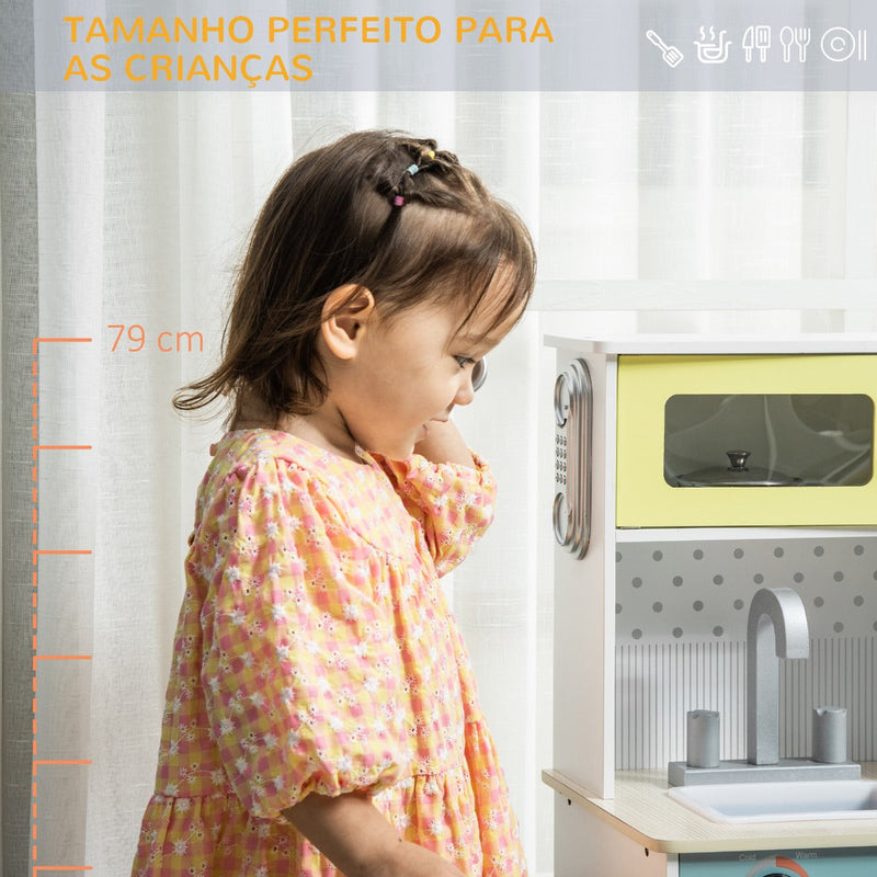 Cozinha Infantil de Madeira para Crianças acima de 3 Anos Cozinha Infantil com Acessórios Telefone Lavatório e Armários 32x30x79cm Branco