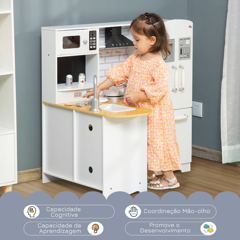 Cozinha Infantil de Madeira para Crianças acima de 3 Anos com Sons 14 Acessórios Cozinha Infantil com Telefone Lavatório Microondas e Grifo 82x65x87cm Branco