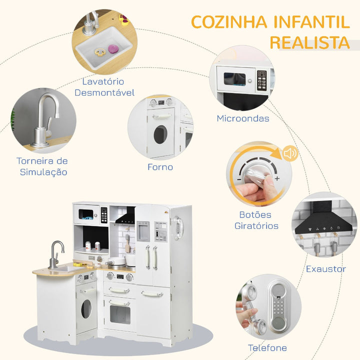 Cozinha Infantil de Madeira para Crianças acima de 3 Anos com Sons 14 Acessórios Cozinha Infantil com Telefone Lavatório Microondas e Grifo 82x65x87cm Branco