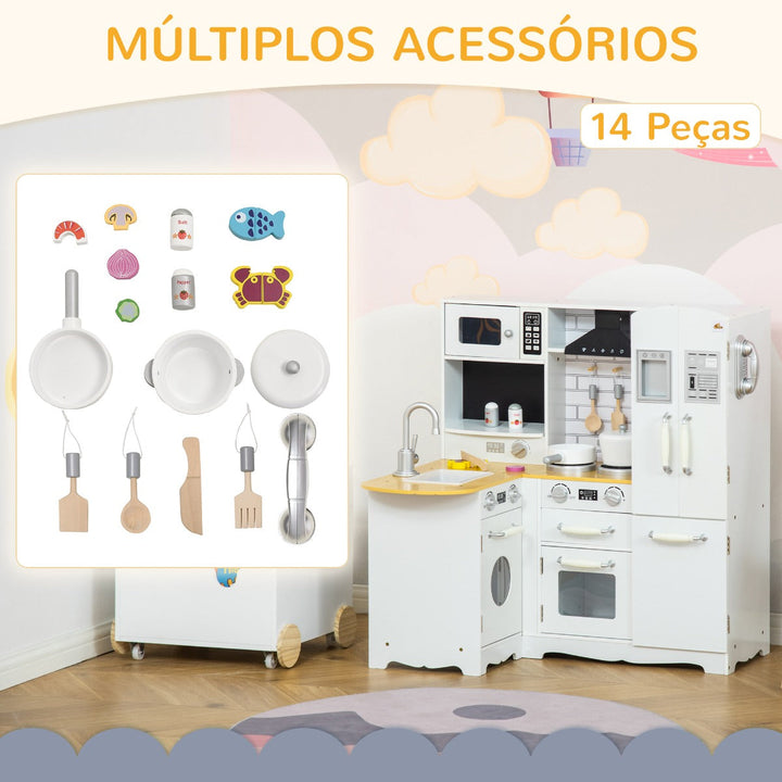 Cozinha Infantil de Madeira para Crianças acima de 3 Anos com Sons 14 Acessórios Cozinha Infantil com Telefone Lavatório Microondas e Grifo 82x65x87cm Branco