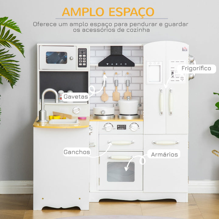 Cozinha Infantil de Madeira para Crianças acima de 3 Anos com Sons 14 Acessórios Cozinha Infantil com Telefone Lavatório Microondas e Grifo 82x65x87cm Branco