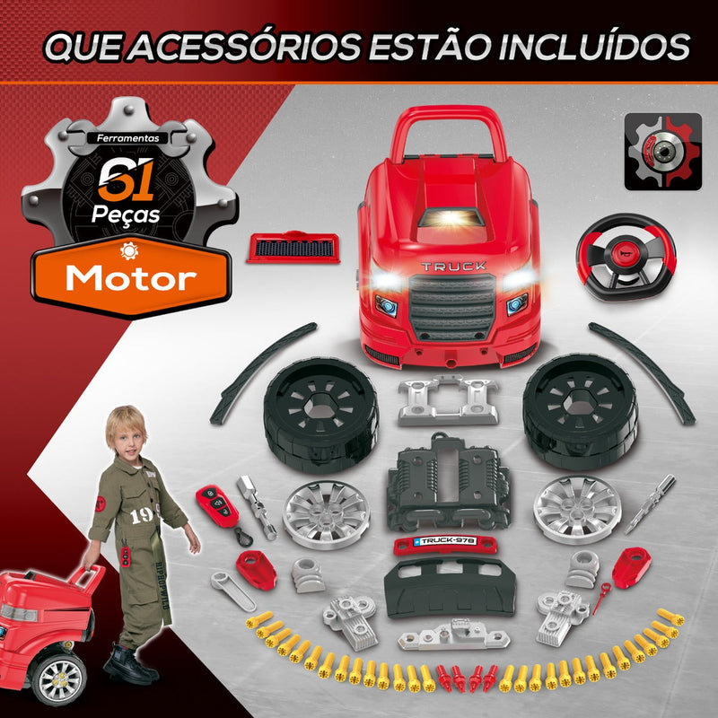 Motor de Caminhão para Crianças acima de 3 Anos Conjunto de Motor de Brinquedo com 61 Peças Volante Buzina Faróis Caixa de Armazenamento e Rodas 40x39x47cm Vermelho