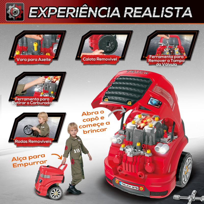 Motor de Caminhão para Crianças acima de 3 Anos Conjunto de Motor de Brinquedo com 61 Peças Volante Buzina Faróis Caixa de Armazenamento e Rodas 40x39x47cm Vermelho