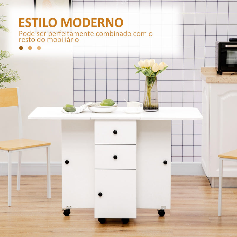 Mesa de Jantar Dobrável com Rodas Mesa Abatível com 2 Gavetas e Armário Mesa Auxiliar Multifuncional para Estúdio Cozinha 120x60x76,5cm Branco