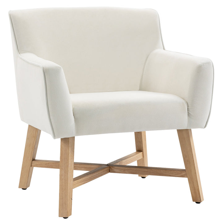 Poltrona de Sala de Estar Estofada em Veludo Poltrona Relax Moderna com Apoio para os Braços Acolchoados Pés de Madeira e Base Cruzada para Dormitório 67x65x74cm Branco Creme
