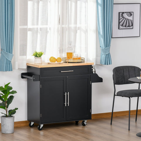 Carrinho de Cozinha com Armário Portas e Prateleira Interior Ajustável Gaveta Barra e Suporte para Temperos Móvel Aparador Auxiliar com Rodas para Sala de Jantar 109x40x89cm Preto
