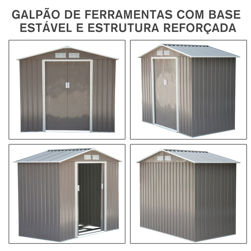 Barracão de Jardim Armário Exterior de Metal para Guardar Ferramentas Base Incluída, 4 Janelas 213x127x185cm Aço