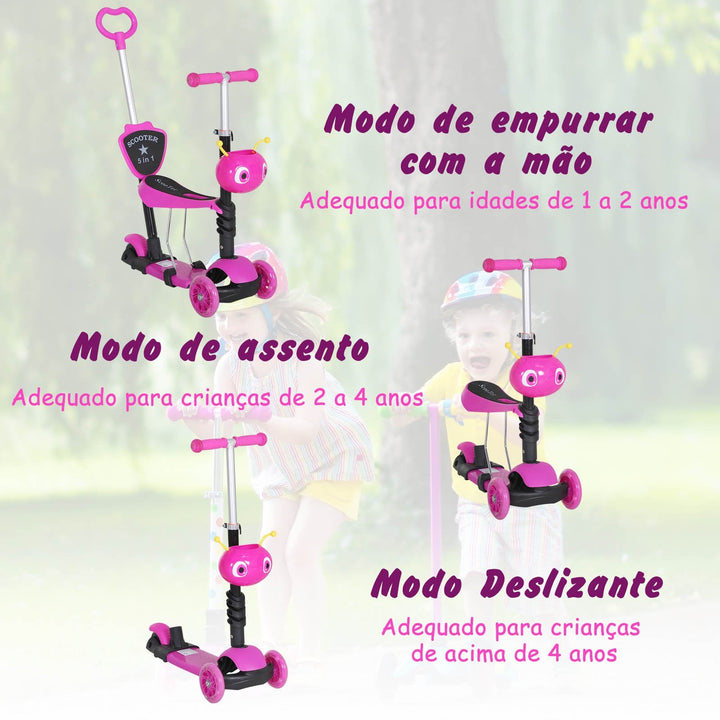 5 em 1 trotinete para crianças de acima de 1 ano 3 rodas trotinete com assento removível guiador ajustável 62x25x72,5 cm Rosa