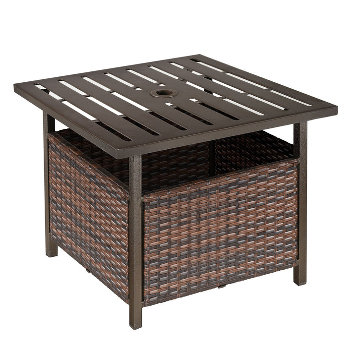 2 em 1 Base para guarda-sol com mesa lateral de vime em aço para terraço jardim Pátio 55,5x55,5x46 cm marrom