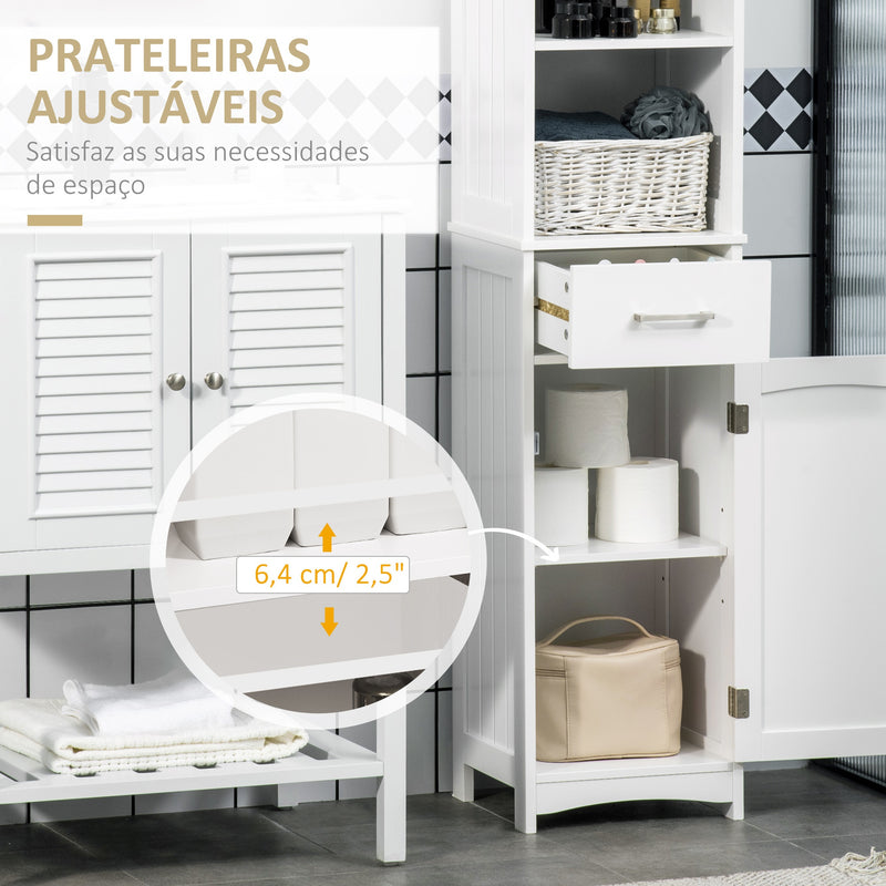 Coluna para Casa de Banho com 1 Gaveta 1 Porta 3 Prateleiras Abertas e Prateleira Interior Ajustável Móvel Auxiliar de Armazenamento para Sala de Estar Casa de Banho Dormitório 34x30x163cm Branco