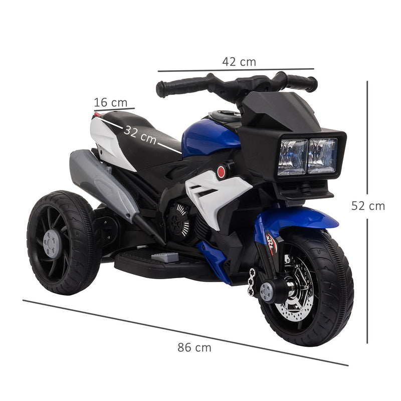 Motocicleta Elétrica Infantil com 3 Rodas para Crianças acima de 3 anos Triciclo com Pedal de Bateria 6V com Luzes Música Pneus Largos 86x42x52cm Azul