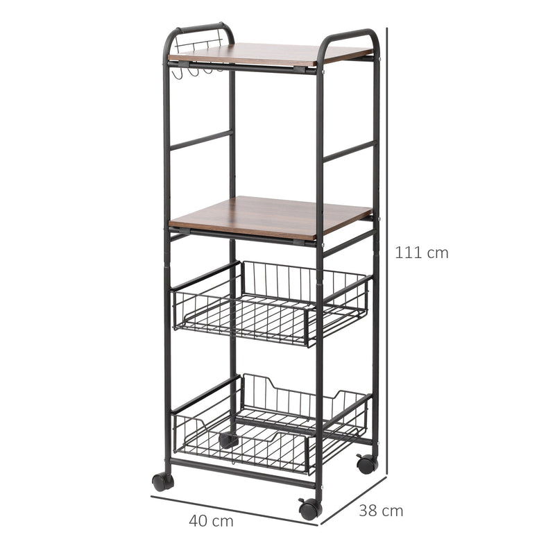 Carro de Cozinha com Rodas Carrinho Auxiliar de Armazenamento com 2 Prateleiras 2 Cestas Removíveis 4 Ganchos 40x38x111cm Nogueira e Preto