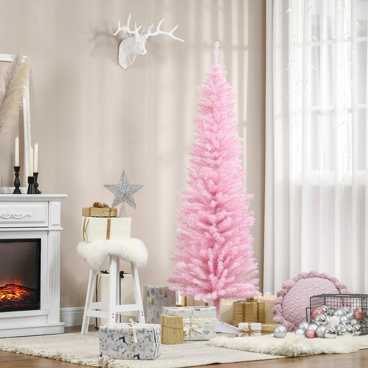 Árvore de Natal Artificial 180cm Ignífugo com 390 Ramos de PVC e Suporte de Metal Decoração de Natal para Interiores Fácil de Montar Rosa