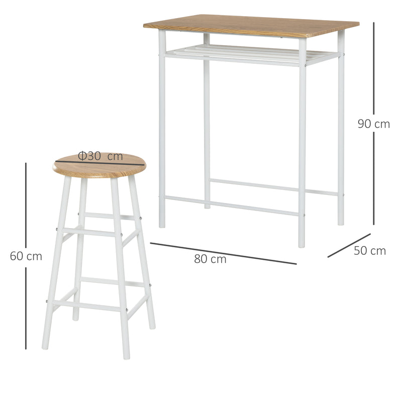 Conjunto de Móvel Bar Conjunto de Mesa Alta e 2 Bancos com Prateleira de Armazenamento e Estrutura de Metal para Cozinha Sala de Jantar 80x50x90cm Branco e Madeira