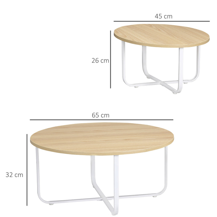 Conjunto de 2 Mesas de Centro Ø65x32cm e Ø45x26cm Mesas de Sala de Estar Redondas com Bancada de Madeira e Pés de Metal para Dormitório Madeira e Branco