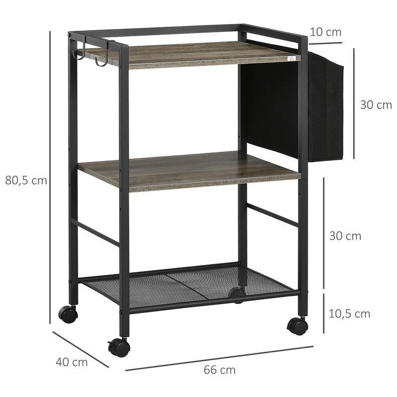 Carrinho Auxiliar com Rodas Carrinho de Armazenamento de 3 Níveis com Bolsa de Tecido 2 Ganchos e Estrutura de Aço para Sala de Estar Cozinha Escritório 66x40x80,5cm Cinza