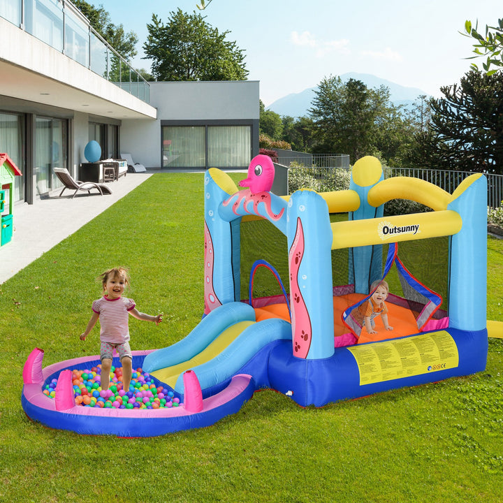 Castelo Insuflável com Escorrega Trampolim e Piscina para Crianças acima de 3 Anos Inclui Insuflador e Bolsa de Transporte para Interior e Exterior 360x175x180cm Multicor