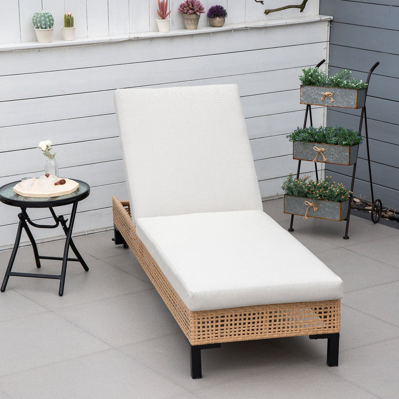 Espreguiçadeira de Vime de Jardim Chaise Longue com Encosto Ajustável em 3 Posições Almofada Acolchoada e 2 Rodas para Terraço Exterior Aço 65x200x31cm Natural e Bege