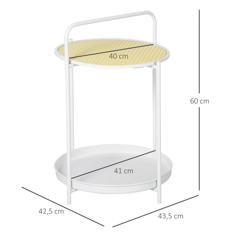 Mesa Auxiliar com Prateleira de Vime Plástico Bandeja Removível e Alça Portátil Mesa Lateral Redonda com Estrutura de Aço para Dormitório Escritório 43,5x42,5x60cm Branco