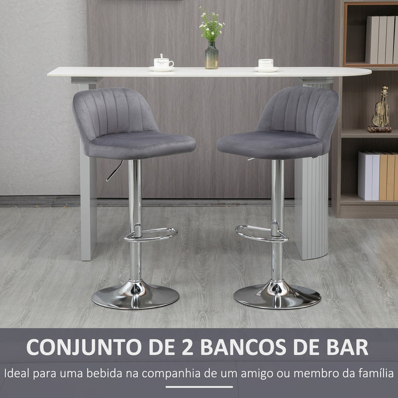 Conjunto de 2 Bancos de Bar Estofados em Pelúcia Bancos Altos de Sala de Jantar com Altura Ajustável Assento Giratório e Apoio para os Pés Carga Máxima 120kg 43x45x81-101cm Cinza