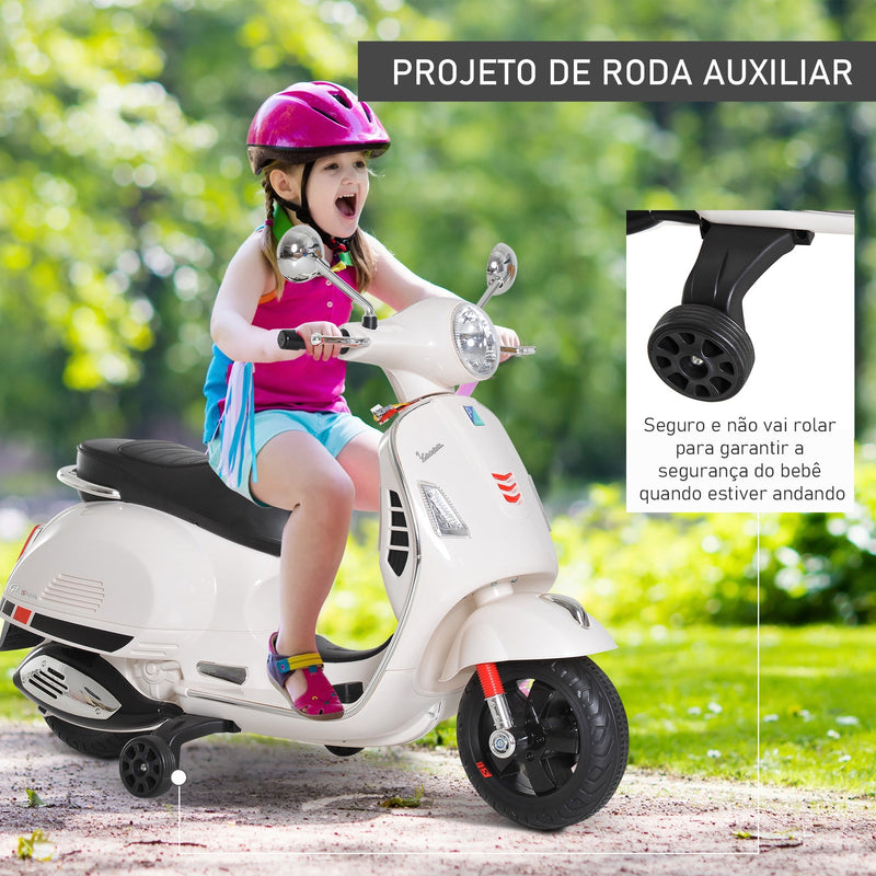 Mota elétrica vespa para crianças acima de 3 anos bateria 6V com musica faroie e rodas auxiliares Carga 25 kg branco