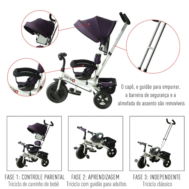 Triciclo para Crianças com Capota– Cor: Roxo e Branco– Ferro, Plástico e Tela– 92 x 51 x 110 cm